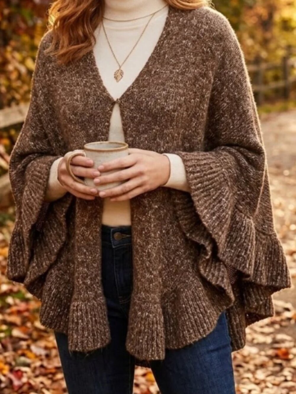 CAbi - Mocha Knit Ruffle Poncho Sweater